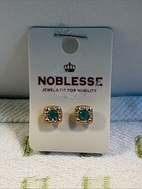 Noblesse Aquamarine Crystal Square Gold Tone Stud Earrings